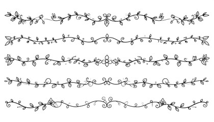 Obraz premium Five ornate, hand-drawn floral dividers with varying leaf and swirl designs