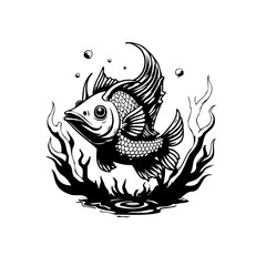 Elegant monochrome illustration showcases an exotic fish amidst stylized flames, creating captivating contrasts and visual intrigue