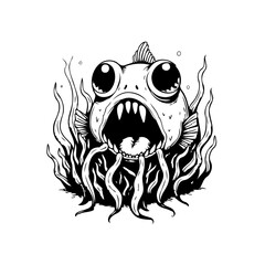 Cartoon anglerfish with big eyes and sharp teeth swimming among the weeds and plants monochrome