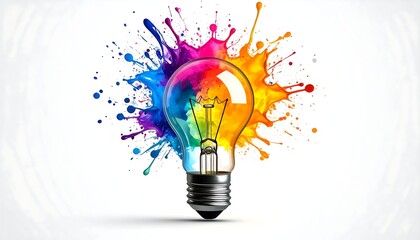 Colorful paint splatters surround a lightbulb, symbolizing creativity and innovation