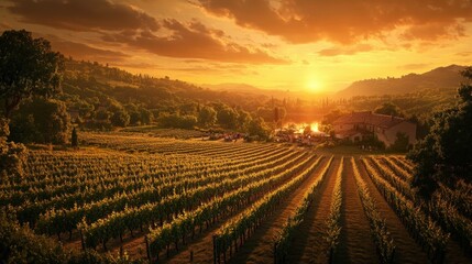 Serene Vineyard Sunset with Lush Rows and Hills