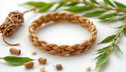 a high resolution, ultra sharp isolated wellness wristband made from hemp fiber, placed on a pure white background with no shadow or minimal soft shadows only