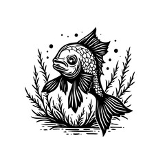Obraz premium Detailed monochromatic illustration of a fish surrounded by aquatic plants providing a minimalist aesthetic
