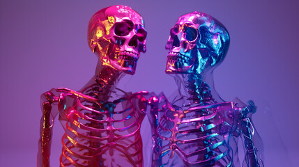 "Wireframe skeletons wearing meat suits of vibrant gradients