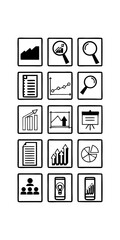 Minimilist collection of business and analytics icons including charts graphs and presentation elements in black and white vector
