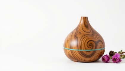 a high resolution, ultra sharp isolated aromatherapy diffuser made from hand carved wood, placed on a pure white background with no shadow or minimal soft shadows only