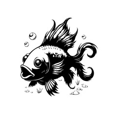 An eye catching monochrome fish vector illustration swimming elegantly with bubbles and detailed fins creating a charming aquatic depiction