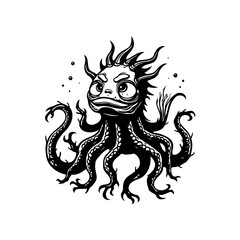 Black and white illustration of a cute octopus like monster with human like face cartoon design