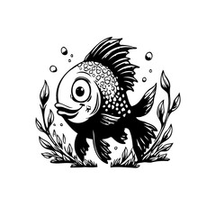 Cartoon fish illustration, simple design with plants around it, ideal for children's books and illustrations, line art
