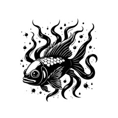 Black and white artistic illustration of a whimsical goldfish with tentacles in detailed drawing and shading