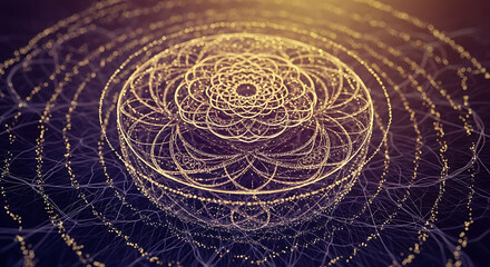 A glowing golden mandala of intricate sacred geometry with radiating concentric circles on a dark background.