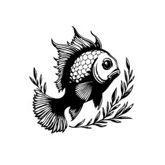 Detailed black and white illustration of a goldfish surrounded by elegant botanical laurel leaves and branches