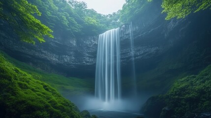 Serene waterfall cascading in lush green landscape