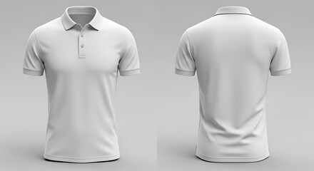 White polo shirt mockup with front and back views. Blank template for clothing design isolated on a plain background.