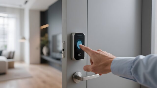Person using a smart door lock with fingerprint technology