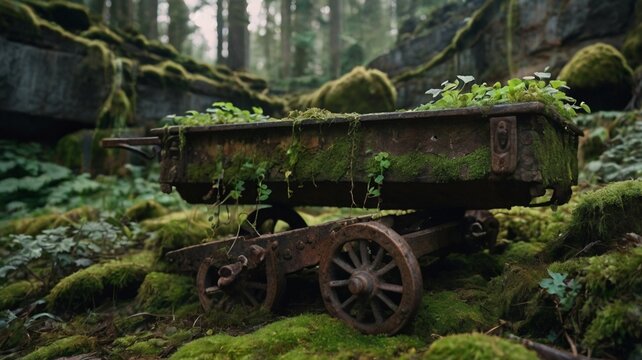 Moss-Covered Mine Cart in Abandoned Woods - Powered by Adobe