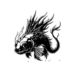 Whimsical sea creature: Detailed black and white drawing of a fantastic fish with unique fins