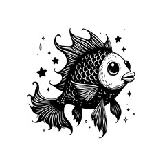 Enchanting cartoon fish illustration swimming among glittering stars, a whimsical underwater creature design, black and white illustration