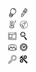 Minimilist collection of ten outlined icons including a lightbulb, pencil, rocket, and other common symbols vector