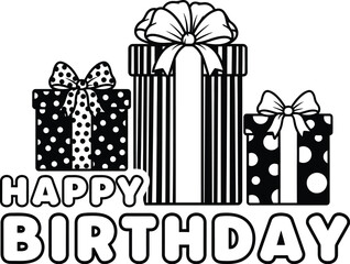 Three gift boxes with bows and patterns and happy birthday text in black and white line art style design