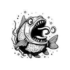 Humorous cartoon fish with exaggerated features shows a predatory open mouth tongue design ink