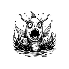 Cartoon illustration of a surprised fish with horns in the water drawing sketch unique art style for print