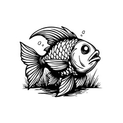 Stylized monochromatic illustration of a goldfish surrounded by aquatic vegetation showcases intricate line work