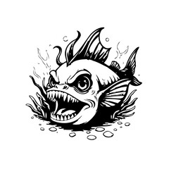 Monochrome illustration of an angry piranha head with sharp teeth amidst water and plant life drawn sketch