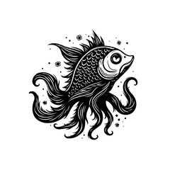 Whimsical depiction of a charming goldfish with intricate details black and white isolated illustration artwork