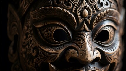 Intricately Carved Wooden Mask with Detailed Tribal Patterns