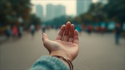 A hand is shown in a blurry image, with a city in the background. Scene is somewhat melancholic, as the hand is open and the city is bustling with activity