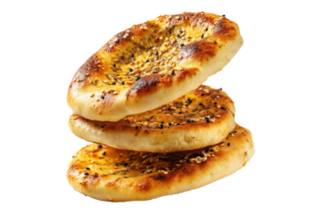 Manakish flatbreads bread slices topped with za'atar, cheese and black sesame seeds, isolated on white transparent background, concept of Lebanese cuisine