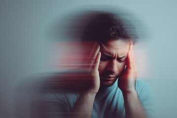 A man is holding his head in his hands, looking very stressed. The image is blurry, which adds to the sense of chaos and confusion. The man's facial expression