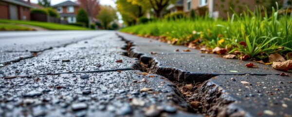 surface water remains on cracked asphalt due to blocked flow path rain collects and stays on road increasing chance of damage no punctuation marks or strange characters used