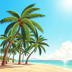 Obraz premium Tropical beach with palm trees and clear blue sky summer vacation background ocean coast landscape with sandy shore and bright sunlight