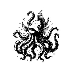 Mystical aquatic creature octopus fish sketch illustration a whimsical ocean drawing design concept for posters