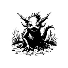 Illustration of an imaginative creature with horns tail sitting on grass background in black and white