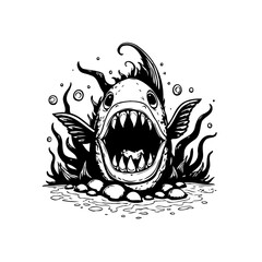 Intricate whimsical sea monster illustration with open mouth jagged teeth black and white