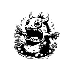 Illustrative monster cartoon character design with horns and sharp teeth creating a surprising expression surrounded by flowers