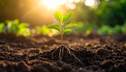 A small green seedling with visible roots emerges from dark soil, bathed in warm sunlight, symbolizing growth and new beginnings.