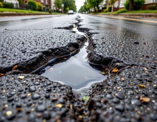 rain collecting in asphalt cracks forming shallow pools across damaged roads delaying drying process and increasing erosion no punctuation symbols or unusual characters here