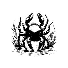 Black and white drawing of a crab standing in a field of grass illustration