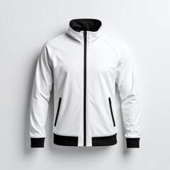 Sleek white lightweight jacket with contrasting black accents, styled for product presentation on white background