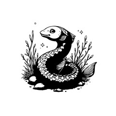 Enchanting serpent illustration: A whimsical fusion of reptile and aquatic life in black and white line art style