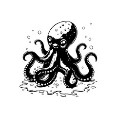 Monochrome octopus illustration featuring large eyes and intricate details creating playful under water aquatic vibe design artwork