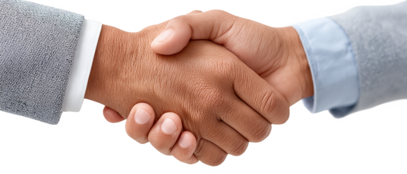 Two hands engaged in a firm handshake, symbolizing agreement and collaboration.