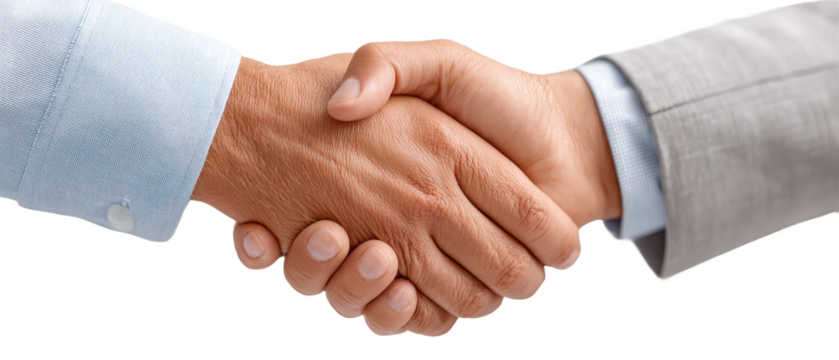 Two hands engaged in a firm handshake, symbolizing agreement or partnership.