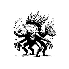 The unique creature with fish head and eight arms and legs illustration brings fantasy to life with intricate lines and shadows