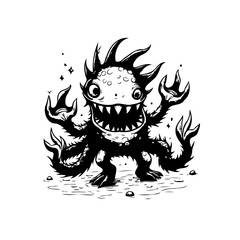 A whimsical cartoon monster with sharp teeth and spiky hair an eerie and playful artistic rendering