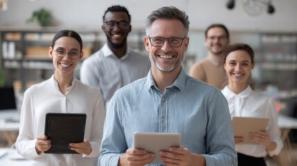 A diverse group of professionals smiling confidently in a modern office environment, engaged with digital devices, showcasing teamwork and collaboration in a vibrant workspace